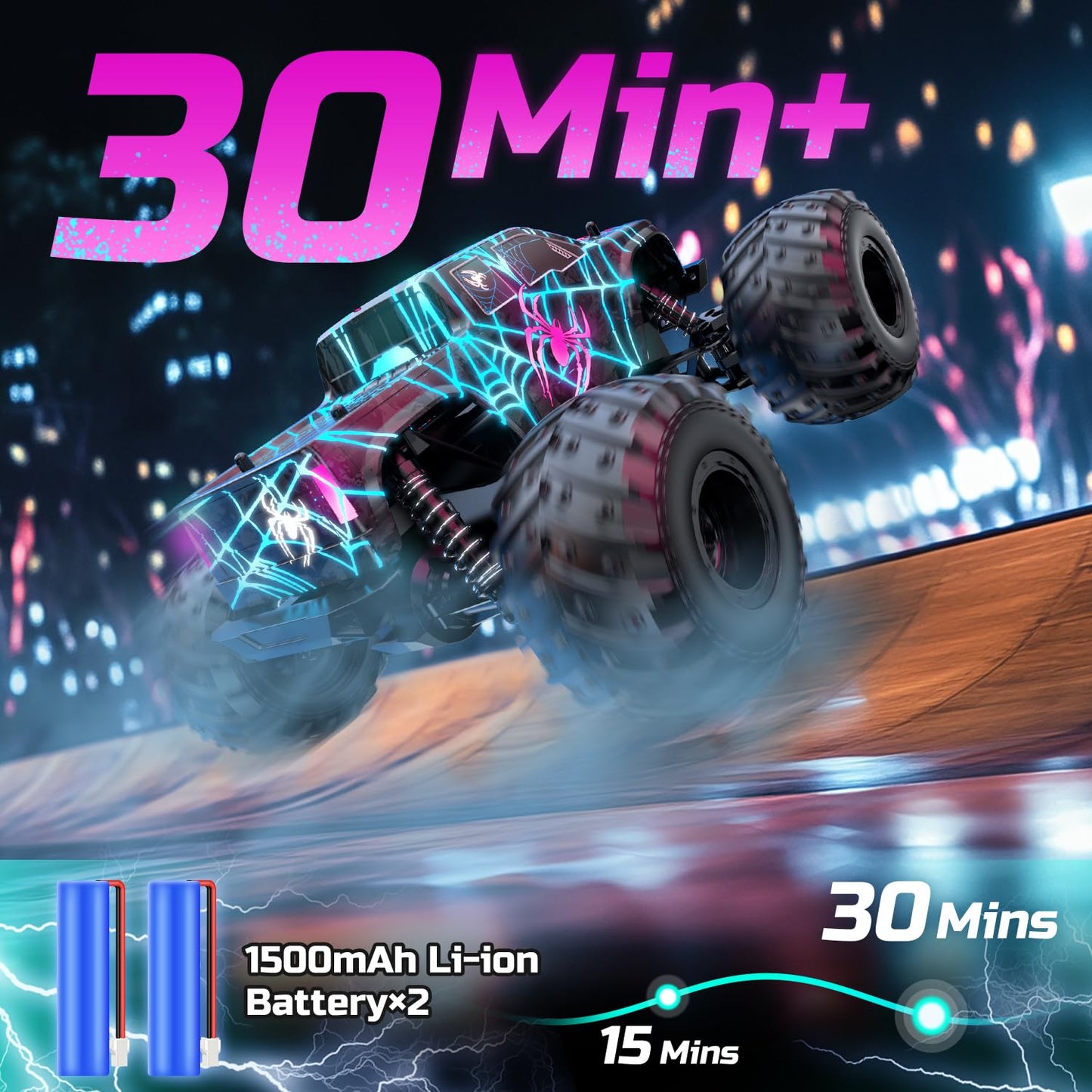 DEERC 1:16 Remote Control Car, Glow-in-the-Dark Spider Design RC Car, up to 15 km/h, 30 minutes playtime, All-Terrain 2.4GhZ Monster Spider Truck - Gift for Kids aged 6 7 8 9 years.