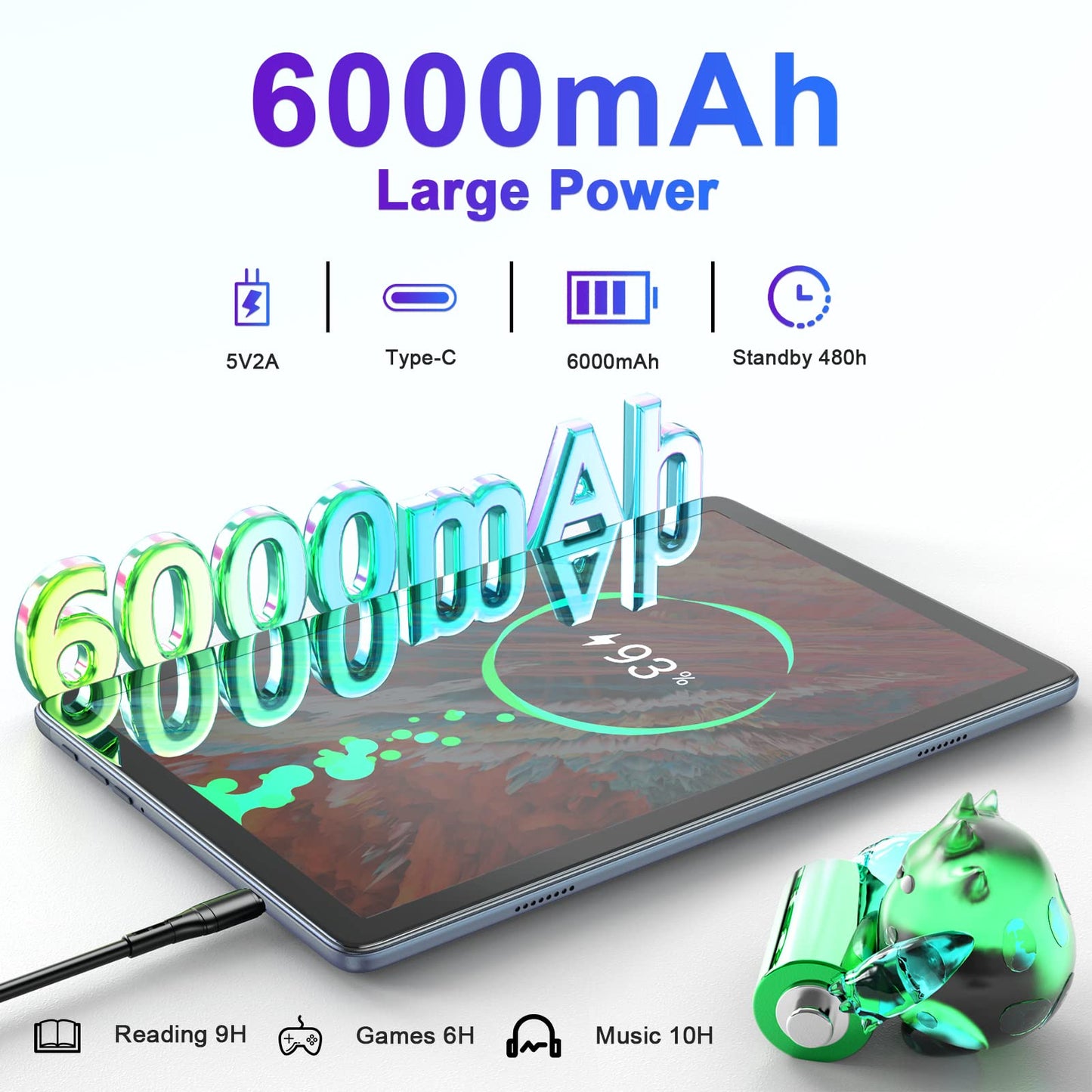 Kinstone Gaming Tablet, 10.1-inch touchscreen, Octa-Core CPU, 6GB RAM, 128GB ROM, 6000mAh battery, 5G WiFi, Widevine L1, 2MP+5MP camera, GPS, perfect gifts for kids to learn and play, Grey.