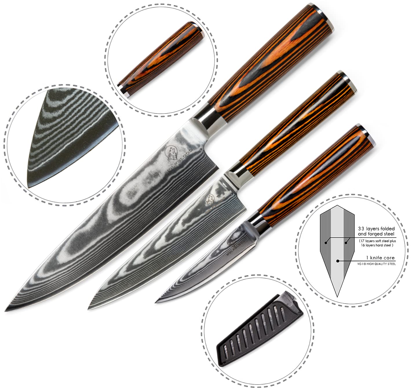 Wolfblood 3-piece Damascus Knife Set (32, 26, and 20cm) Professional kitchen knife set made of genuine 67-layer Damascus steel. Includes Chef's knife, Office knife, wooden handle, gift box, and blade guard.