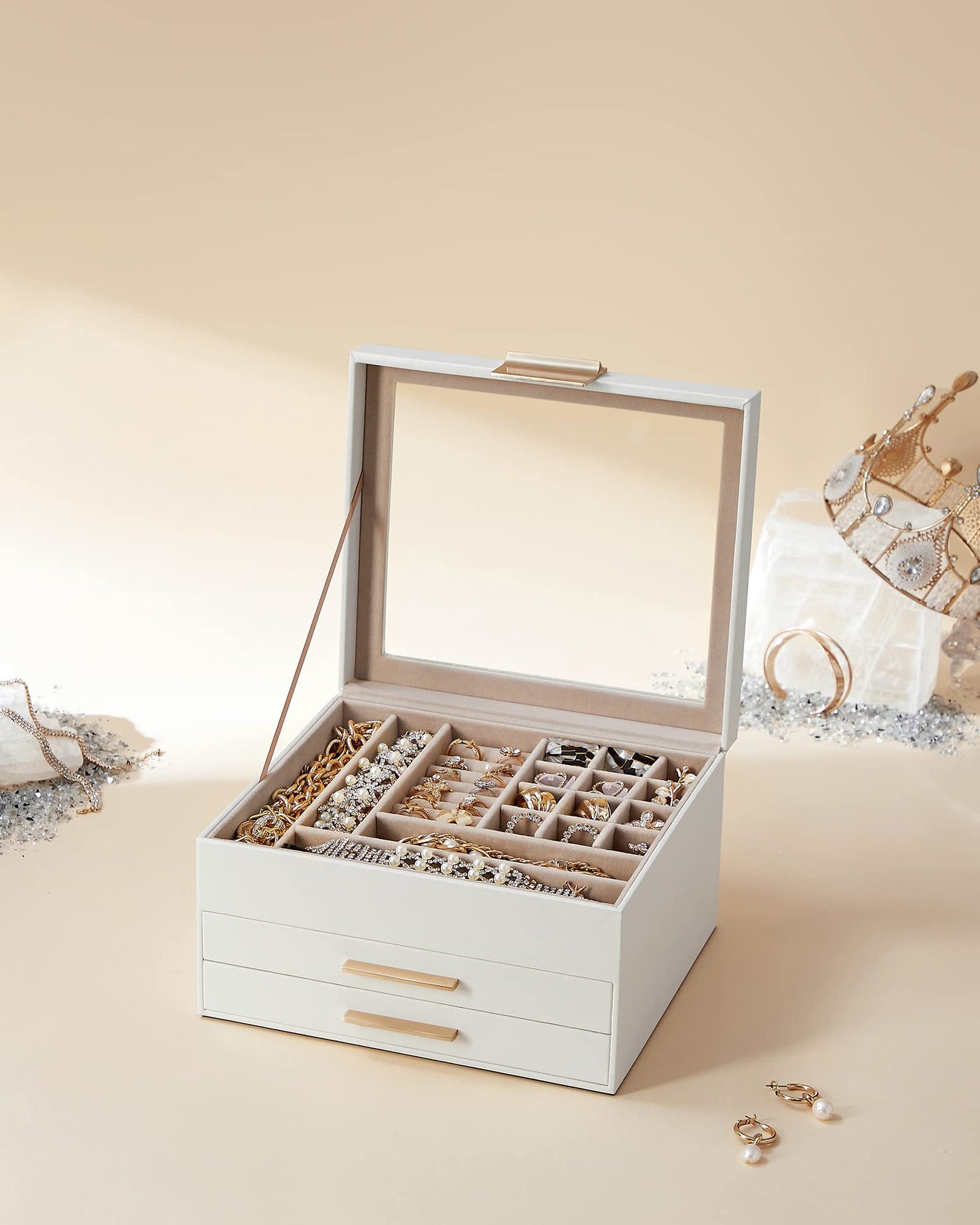 SONGMICS Jewelry box with 3 levels, glass lid, 2 drawers, ample storage, modern design, perfect gift for your loved ones, cloud white-gold JBC239WT.