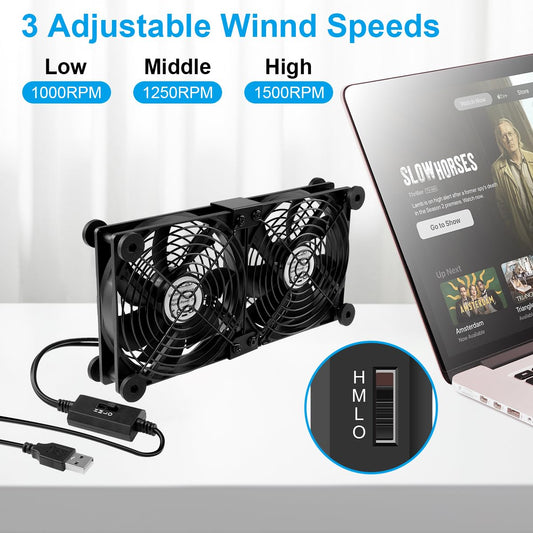 ELZO 2 in 1 Dual USB Fan 120mm 5V, Double USB Fan 120mm PC Computer Fan with 3 Adjustable Speeds 12cm with 8 Shock-Absorbing Feet for PS5 PS4/Laptop/TV Box/Router
