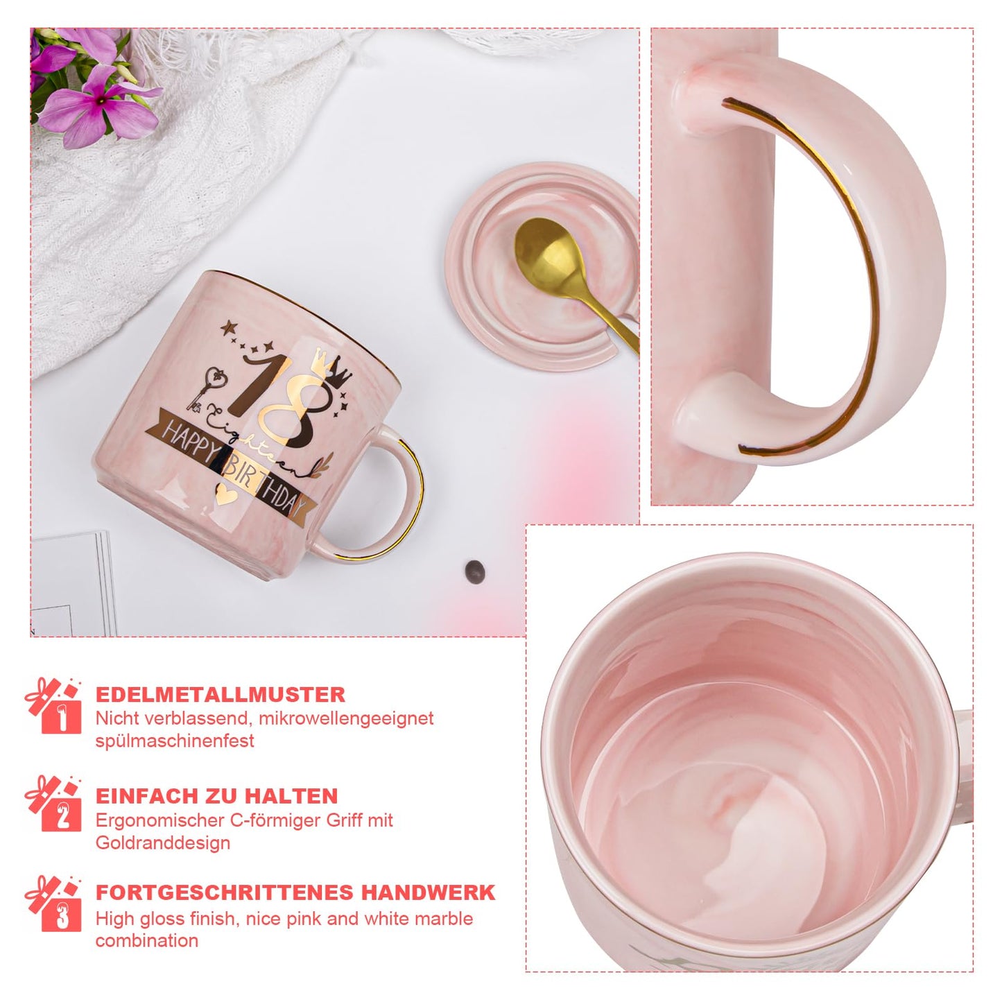 18th Birthday Girl, Happy 18th Birthday, 14oz coffee mug with gold print, Funny gifts for 18th birthday girl daughter, With lid, greeting card, gold spoon, gift box.