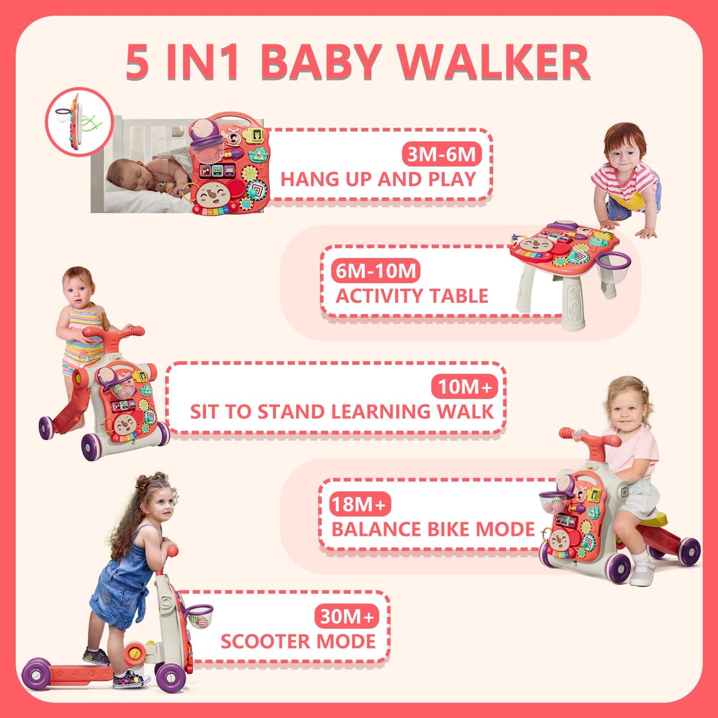 HYES 5 in 1 baby walker, baby play and walking aid with music and detachable play board, walking baby walker toy, for children aged 3-30+ months, red