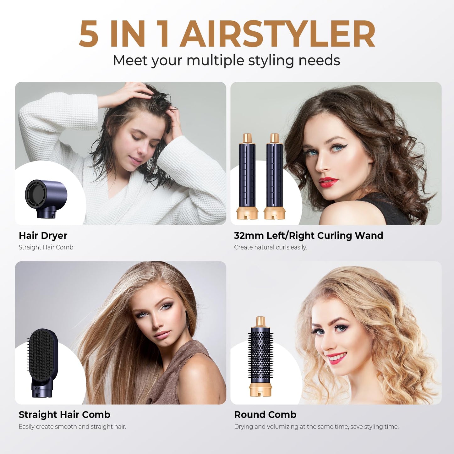 Air Styler 5 in 1 UKLISS 1000w Hair Dryer Brush, 30mm Air Curler, Detachable Hair Styler Tools for Drying, Curling, Straightening