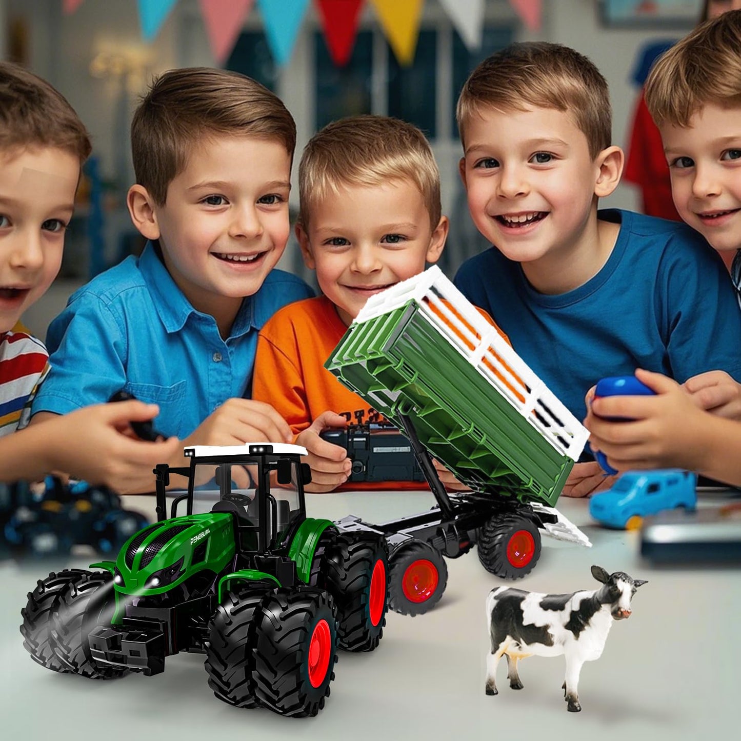 RC Remote Control Tractor with Trailer, lights and cow. Suitable for children 3 years and older. Great Christmas gift for kids.