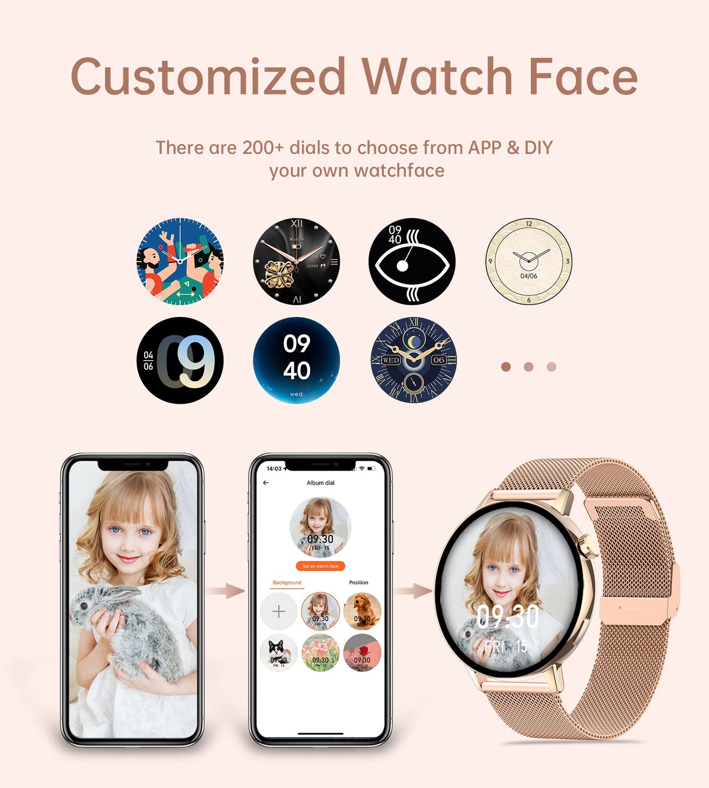 Iaret Smartwatch for women with phone function, 1.32 inch HD touchscreen fitness watch with menstrual cycle tracking, heart rate monitor, SpO2, 20 sports modes, waterproof sports wristwatch for Android iOS, rose gold.