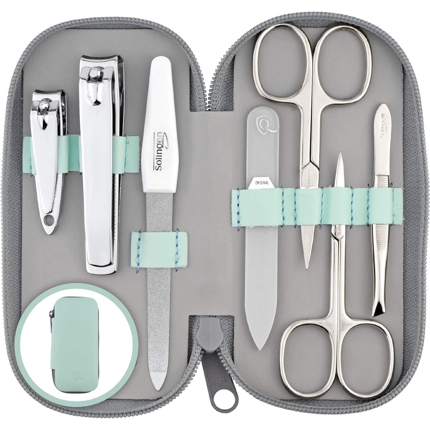 MarQus manicure set for women and men, Solingen, Made in Germany. 7 pieces featuring patented glass file for hand and foot care. Comes with genuine leather case, compact and soft.