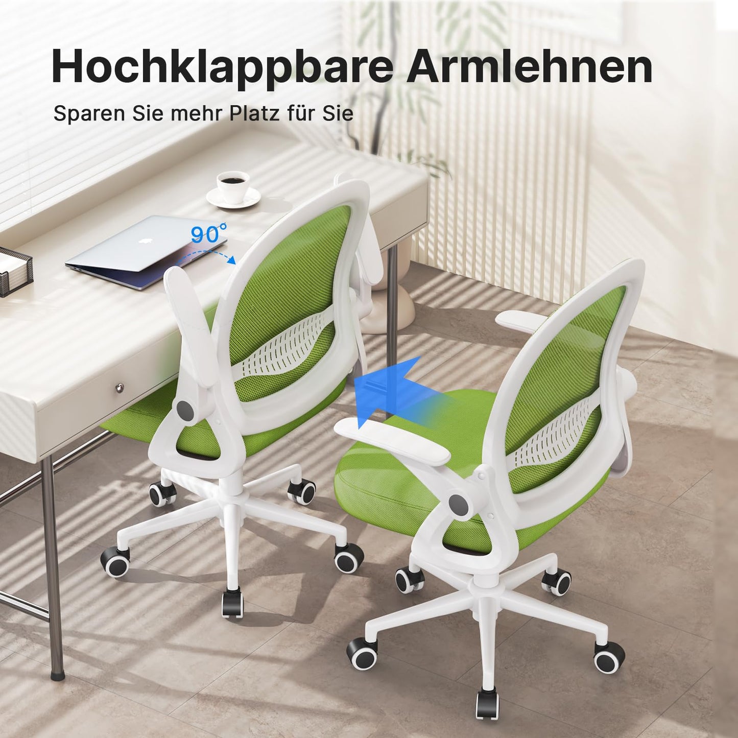 Naspaluro office chair, ergonomic desk chair with breathable mesh backrest, foldable armrests, adjustable height, computer chair, lightweight chair, 360° swivel chair, green.