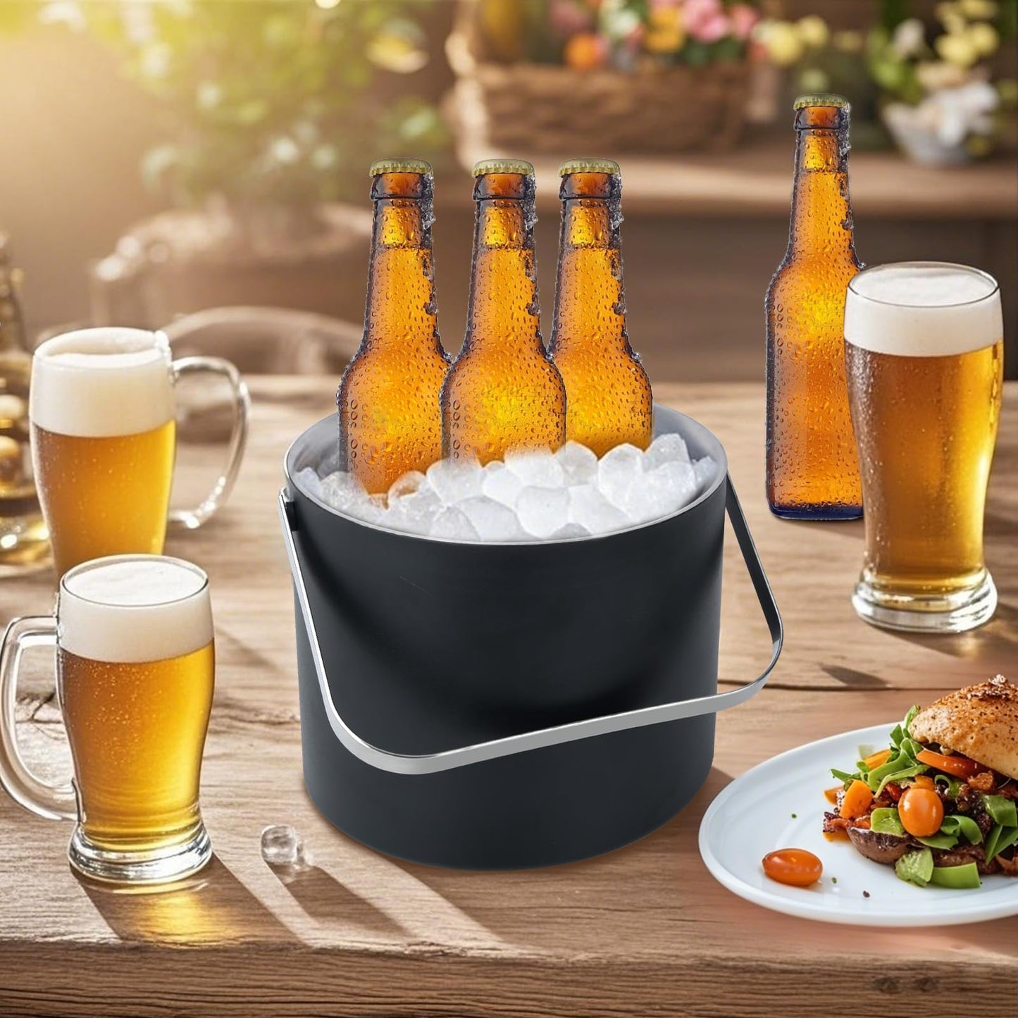 3L Modern insulated ice bucket with silicone lid,stainless steel ice cube container,double-walled stainless steel ice bucket,ice container for ice cubes ice bucket with strainer tongs,ice cooler for beer,champagne,wine