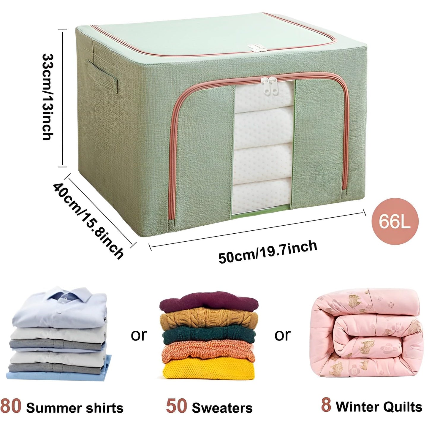 Mehrido Foldable Clothes Storage with Zipper, Metal Frame - 2 pcs 66L Stackable Clothes Bins - Storage Bag for Clothing Bedding Blankets Comforters (50x40x33 cm) (green)