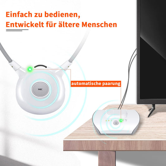 APH100 wireless TV headphones for seniors, 2.4 GHz, with 3.5mm AUX, RCA, includes 2 batteries and two sets of ear tips.
