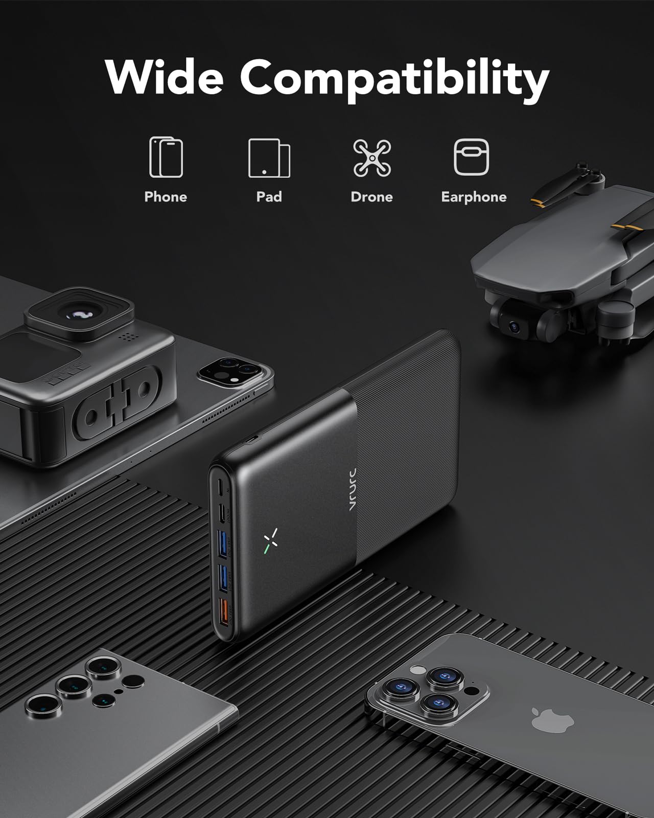 VRURC Power Bank 30000mAh 22.5W Portable Charger USB C Fast Charging External Battery Packs with 4 Outputs and 3 Inputs Compatible with iPhone, Huawei, Tablets, etc. (Black)