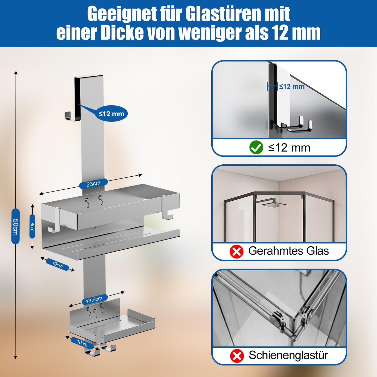 Ulioyer Hanging Shower Caddy with Soap Holder, SUS304 Stainless Steel Shower Shelf No Drilling for Frameless Glass Door, Shampoo Shower Gel Holder for Shower (Style B (Silver))