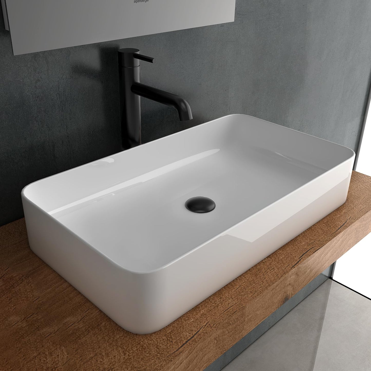 Alpenberger countertop washbasin 60 cm wide with Nano Coating | Clean ceramic basin square | Washbasin without faucet hole for bathroom & guest toilet | Modern design countertop washbowl without overflow