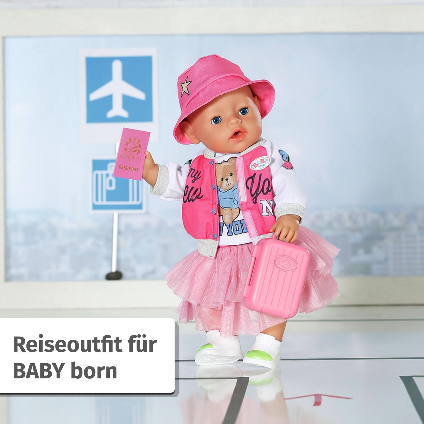BABY born Deluxe Travel Outfit with doll dress, hat, shoes, passport, and suitcase for 43cm dolls, 836316 Zapf Creation.