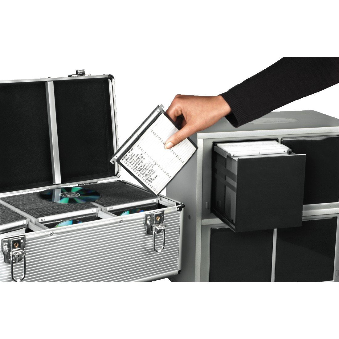 MediaRange 500-disc archive case, aluminum look, with suspension pockets, silver & Hama CD double protective sleeves (for 100 CDs/DVDs/Blu-rays, for hanging folders) 50-pack, white.