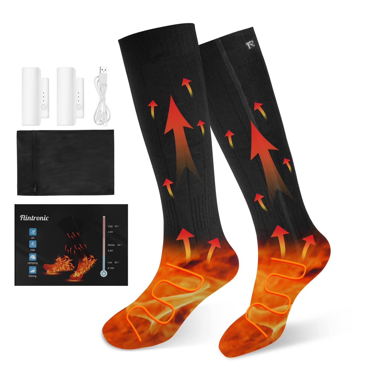 Flintonic Heated Socks, Rechargeable Heated Socks for Men and Women, Foot Warmer Heating Socks with 3 Adjustable Temperatures, 2200mAH Electric Foot Warmer Warm Socks for Skiing Outdoor.