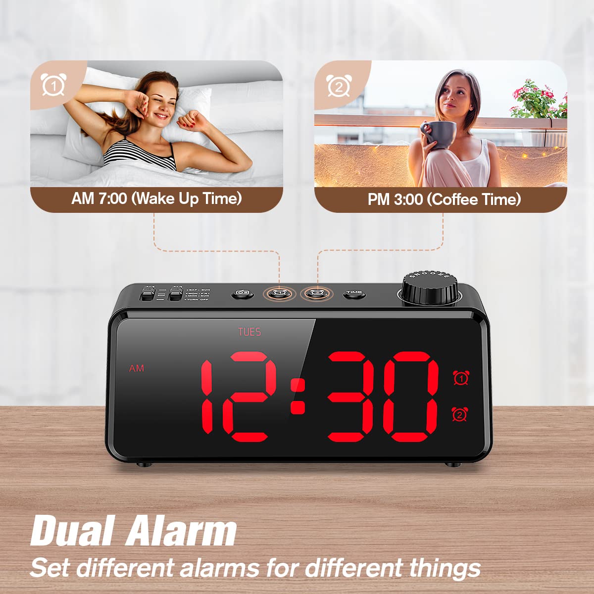 ANJANK Digital Alarm Clock with Radio | Dimmable LED Display | AC Powered with Battery Backup | Dual Alarm with Weekday or Weekend | USB Charging Port | Easy-to-read red numbers for seniors