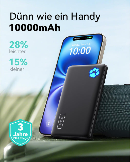 INIU Power Bank, Ultra Slim 10000mAh Portable Charger Small But Powerful, USB C Input & Output, External Battery Packs Triple 3A with Flashlight, Compatible with iPhone 17 16 15 14 13 12 Pro Max Samsung Huawei