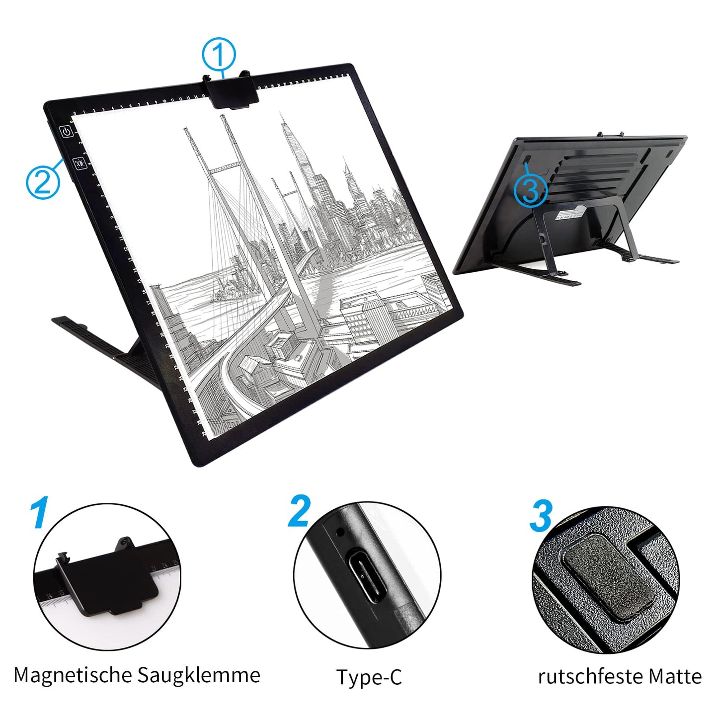 A3 light table with bag, wirelessly battery-operated light box. 3 colors dimmable and 6 brightness levels light board for tracing, rechargeable light pad for diamond painting, sketching.