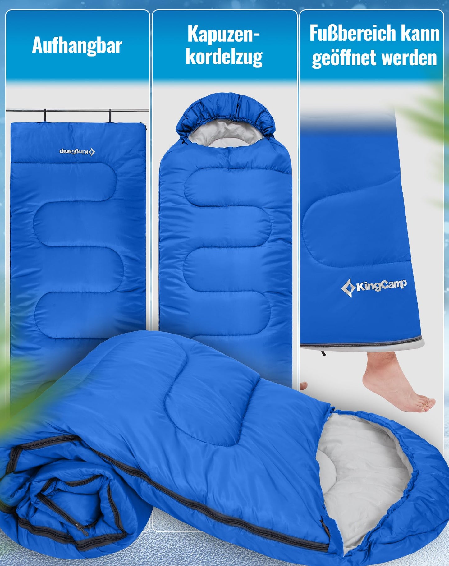 KingCamp Oasis sleeping bags with headrest for adults. Lightweight, 3 seasons, Blue, 220 × 75 cm.