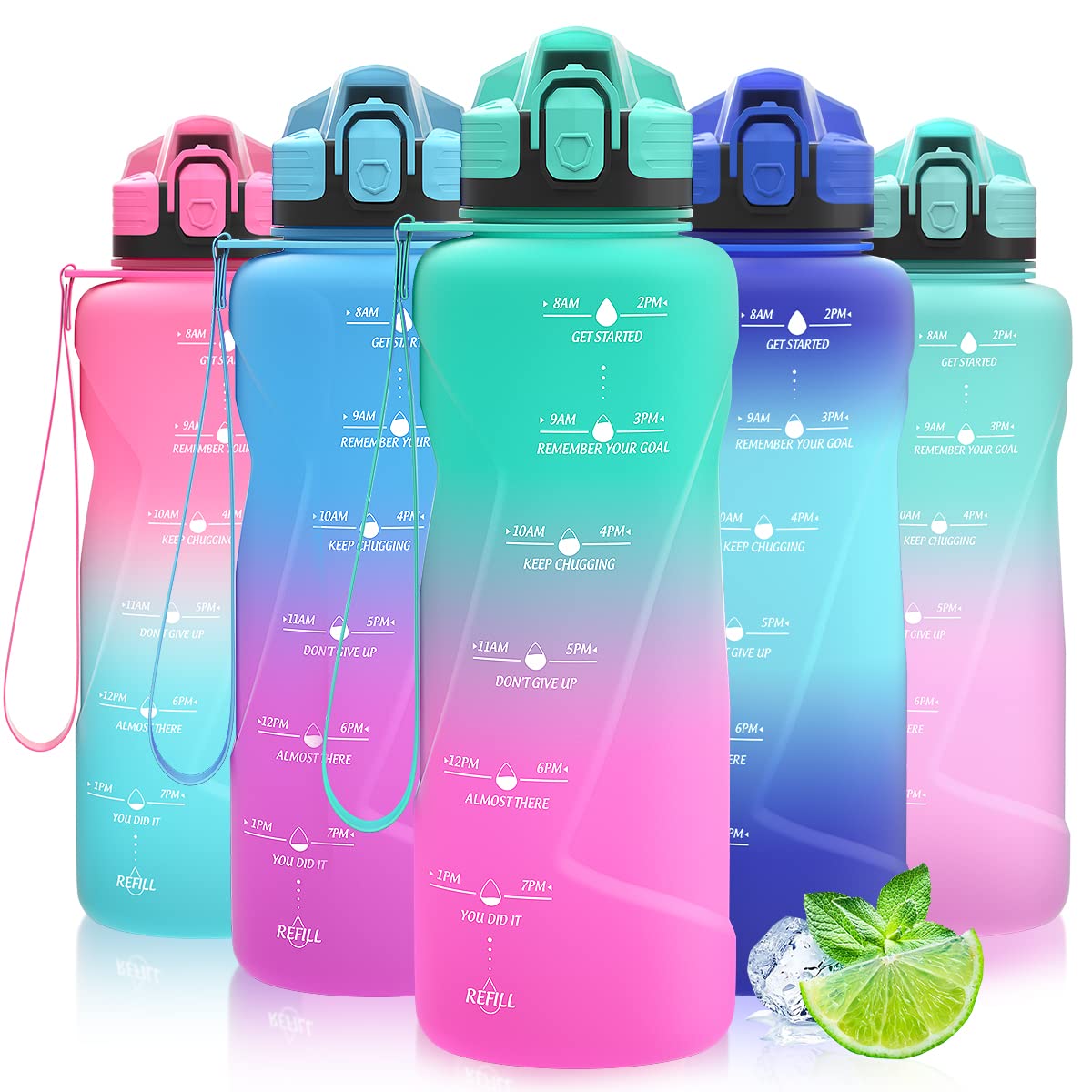 Coolfel sports water bottle with sizes of 2L, 1.5L, 1L, 700ml, and 500ml. Leak-proof, motivational water bottle with time markings. BPA-free Tritan bottle for girls, boys, school, gym.