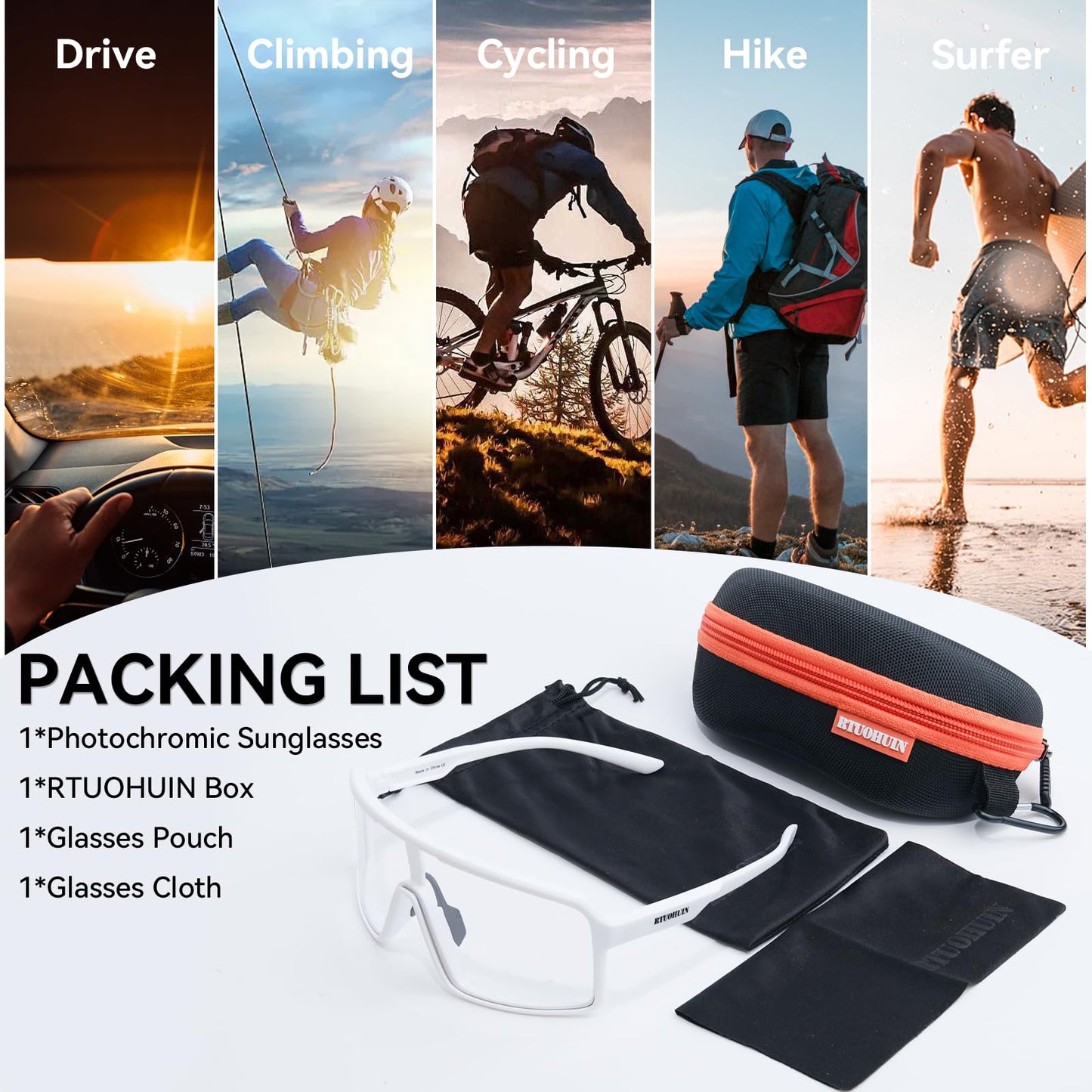 RTUOHUIN Self-Tinting Cycling Glasses for Men Women Photochromic Sports Sunglasses UV400 Protection Clear Road Cycling Glasses TR90 Frame Fast Cycling for Cycling, Running, Outdoor Sports - Sand-White