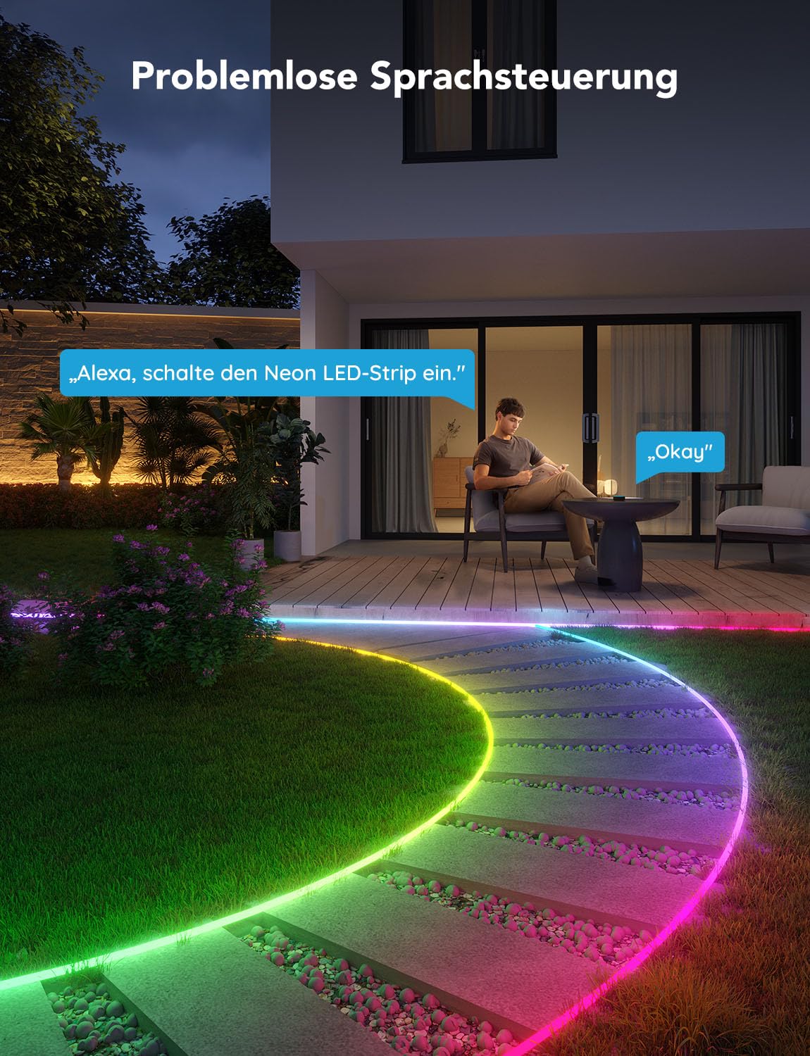 Govee Outdoor Neon LED Strip 10m, RGBIC LED strip with 64+ scene modes, Music Sync, works with Alexa and Google Assistant, IP67 waterproof ground lights for garden wall and floor decoration.