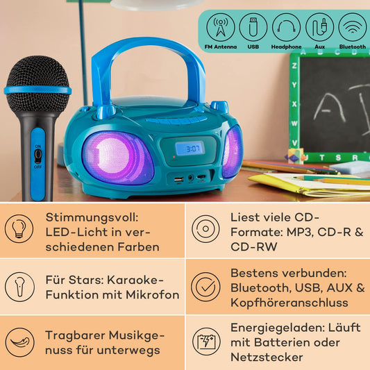 Auna portable radio for kids with CD player, microphone, and USB, 3W boombox with Bluetooth function, AUX/FM radio portable with LED display, MP3, 5.0 streaming, CD-radio for girls and boys.