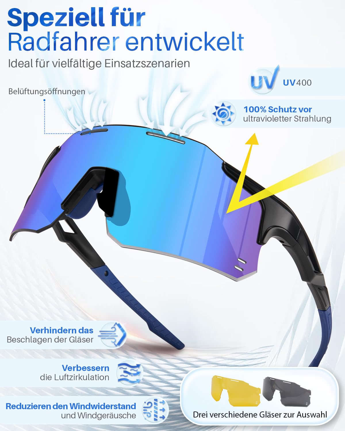 Winyoher fast sunglasses for men and women, windproof and UV400 protection. Lightweight frameless sports glasses with 3 interchangeable lenses for cycling, fishing, biking, and running.