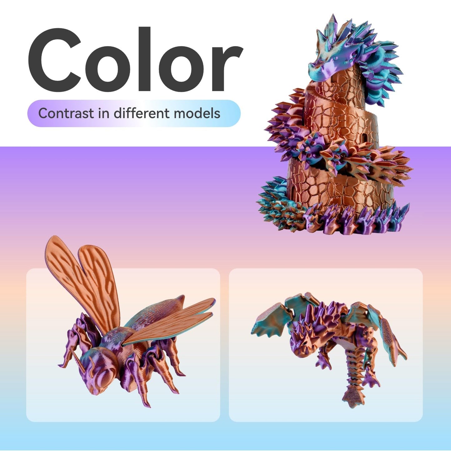 Chitu Systems Conjure Silk PLA Tricolor Filament, Purple-Orange-Sky Blue Filament, Diameter 1.75±0.02 mm 3D Printer 1KG/2.2lb
