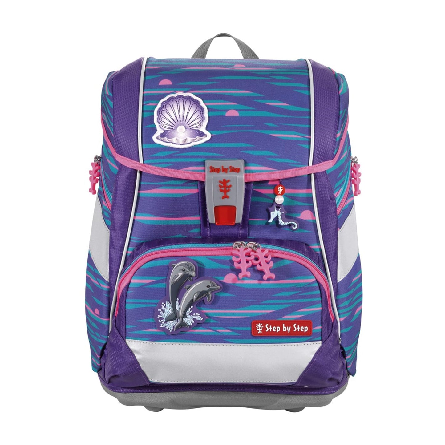 Step by Step School Bag Set 2IN1 Plus Reflect "Shiny Dolphins" 6-piece, purple-blue, dolphin design, ergonomic backpack with reflectors, adjustable height with hip belt for 1st grade girls, 19L.