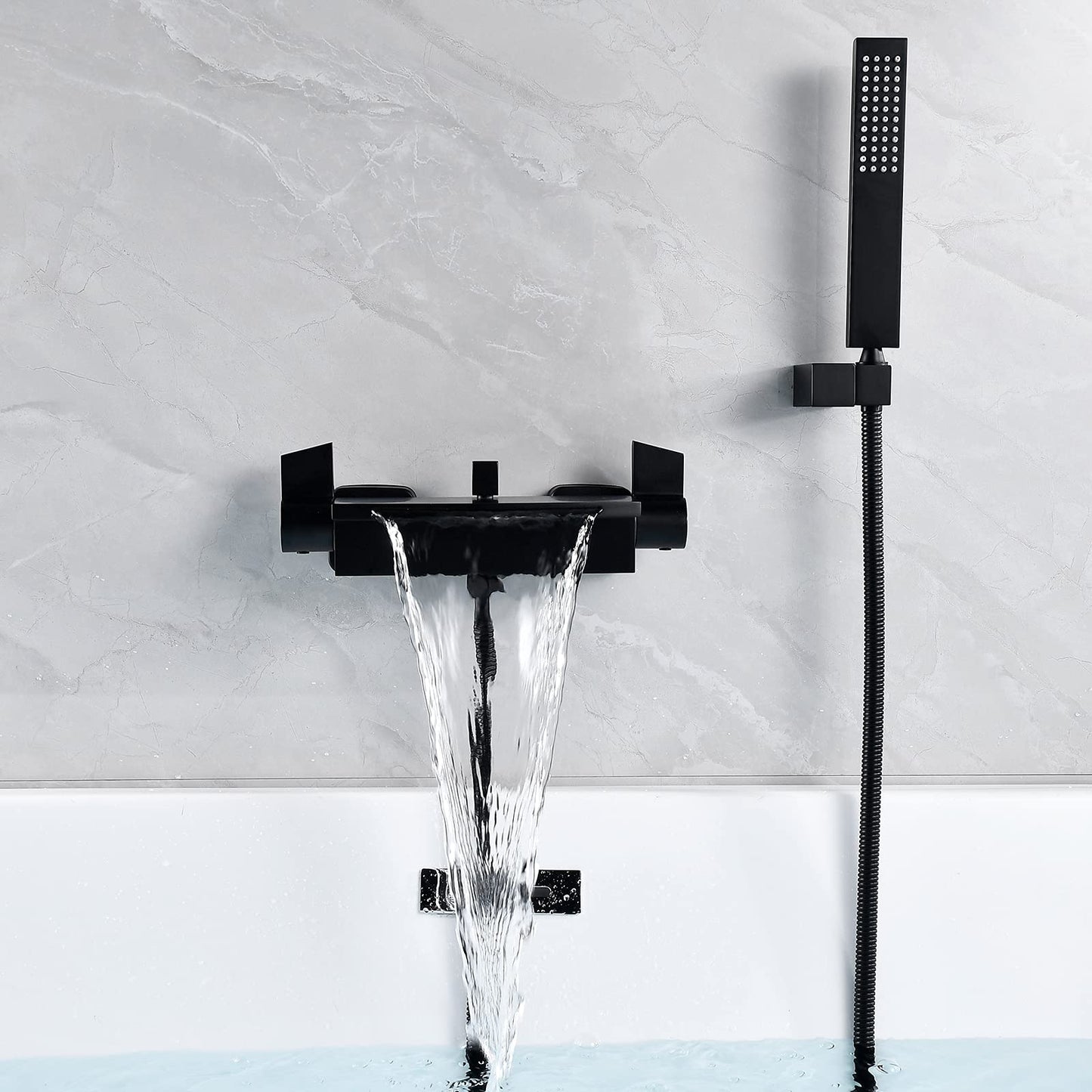 Bathtub faucet waterfall black, bathtub faucet with handheld shower, brass material tub faucet with shower bathtub wall faucet bathtub faucet black matte (black)