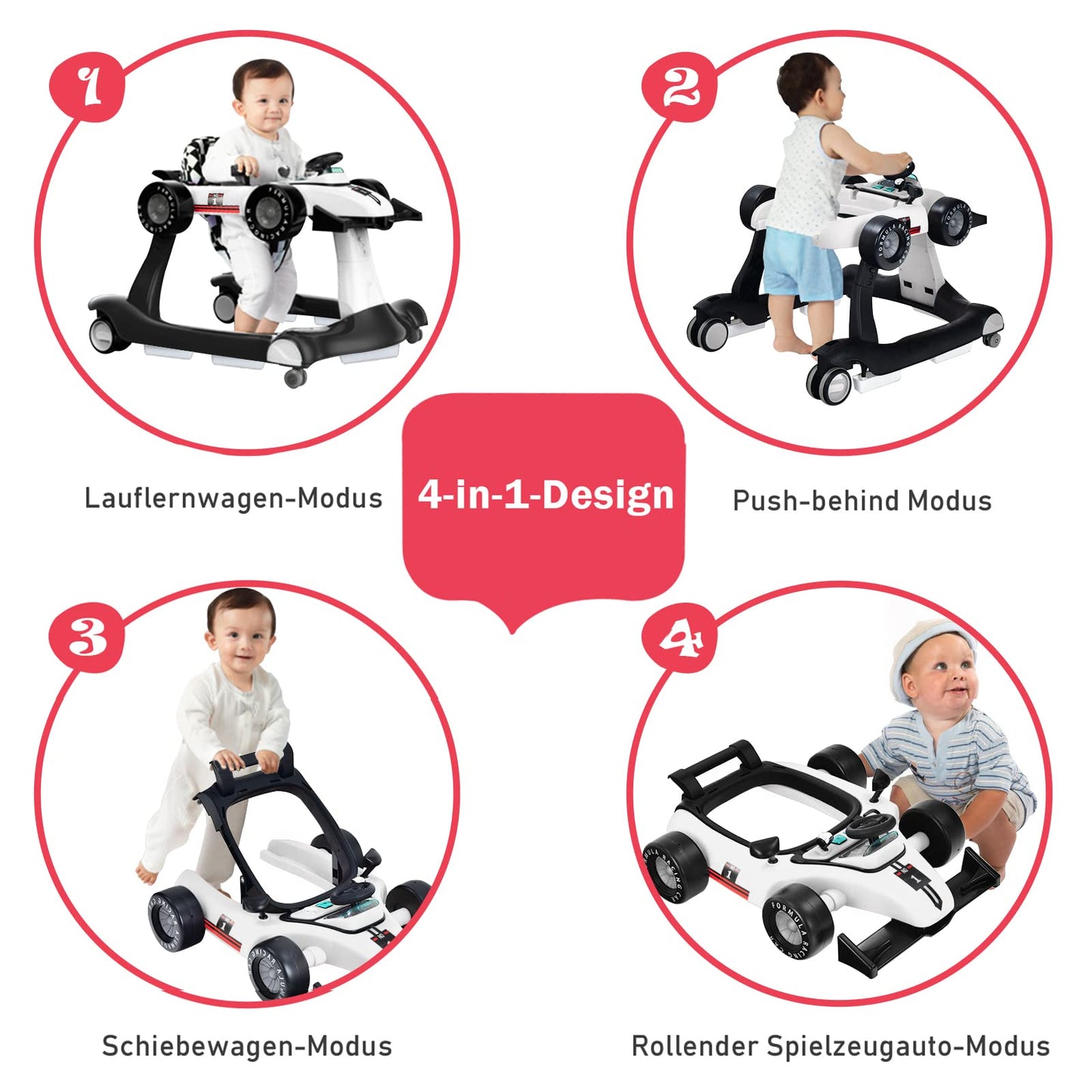 COSTWAY 4 in 1 Baby Walker, foldable with adjustable height & speed. Features music box, lights, and wheels. Suitable for babies from 6 months old, can hold up to 12kg. Color: White.