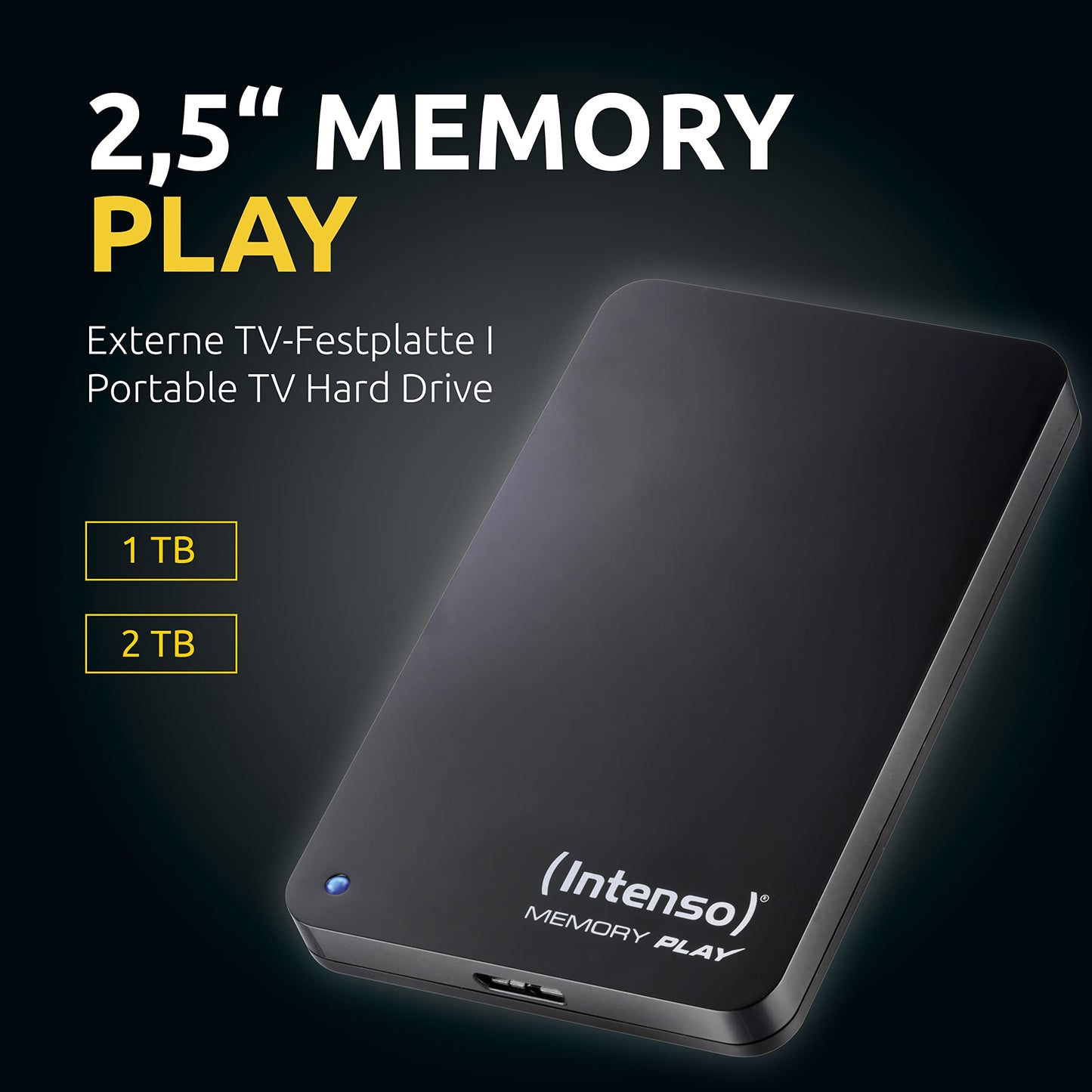 Intenso 6021460 Memory Play 1TB external TV hard drive (2.5 inches, 5400rpm, 8MB cache, USB 3.2 Gen 1x1) including TV mount in black.