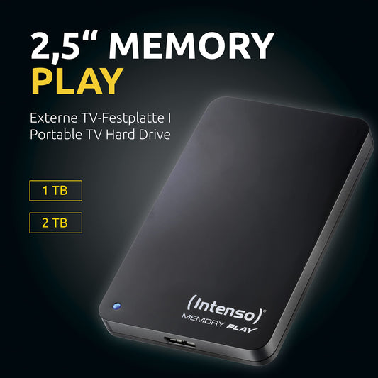 Intenso 6021460 Memory Play 1TB external TV hard drive (2.5 inches, 5400rpm, 8MB cache, USB 3.2 Gen 1x1) including TV mount in black.