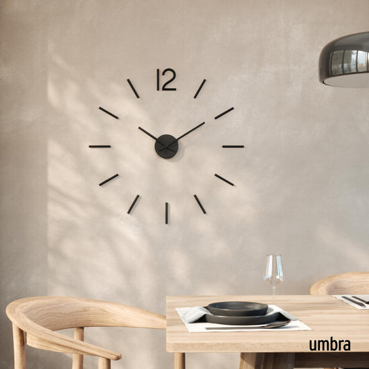 Umbra Blink, modern and minimalist DIY quartz wall clock without frame, adhesive numbers, wall decoration for kitchen, office, bedroom, and living room, metal, black.