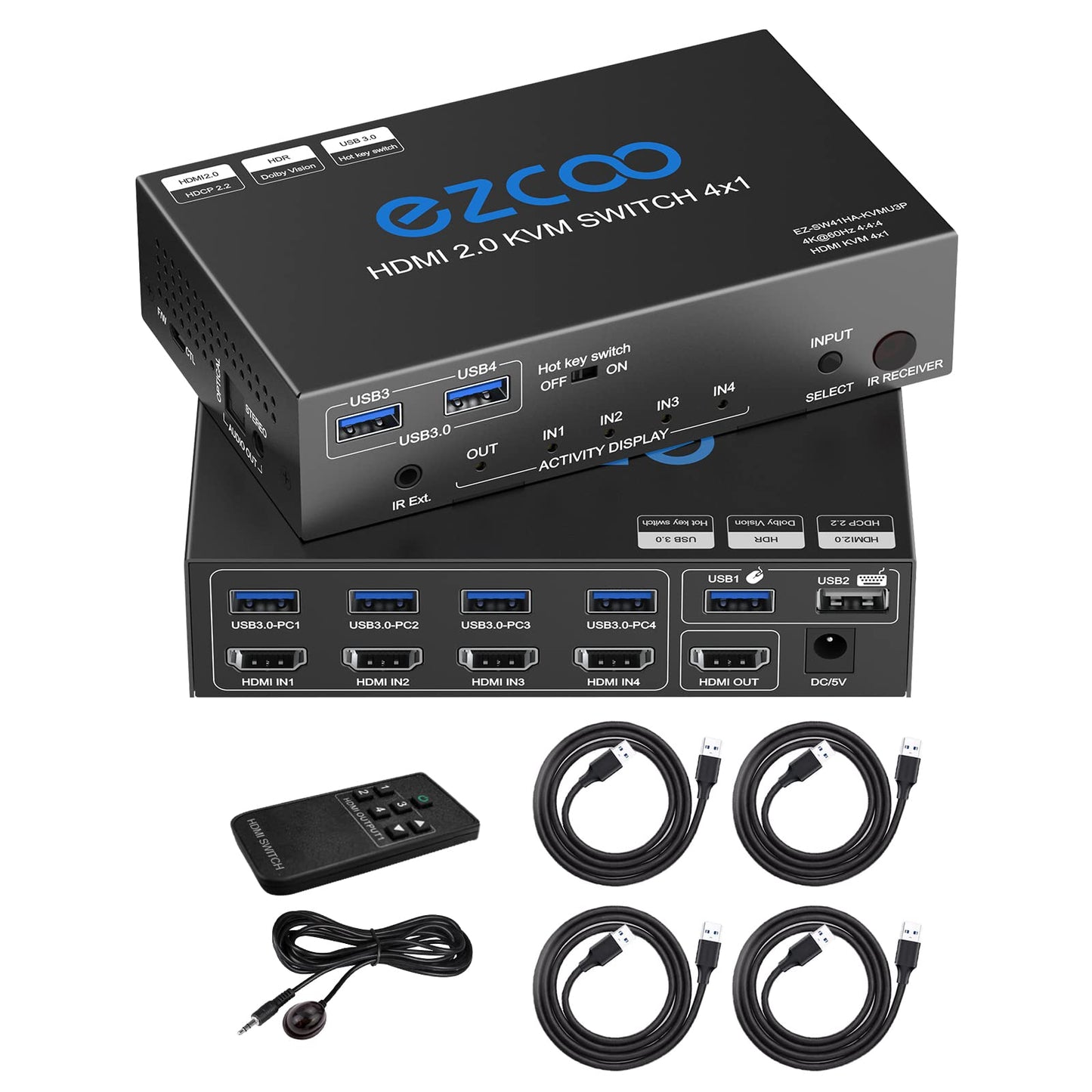 KVM Switch HDMI USB 3.0 4 Ports with Hotkey supports 4K 60Hz 18Gbps. Share 4 Computers with one Keyboard Mouse, HDR, D-olby Vision, HDCP2.2, and Remote Control.