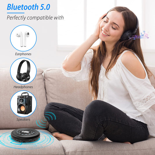 Portable CD Player Bluetooth with speakers, rechargeable 1400mAh portable CD player with shockproof/anti-skip protection, headphones and AUX cable, for car, home & travel.