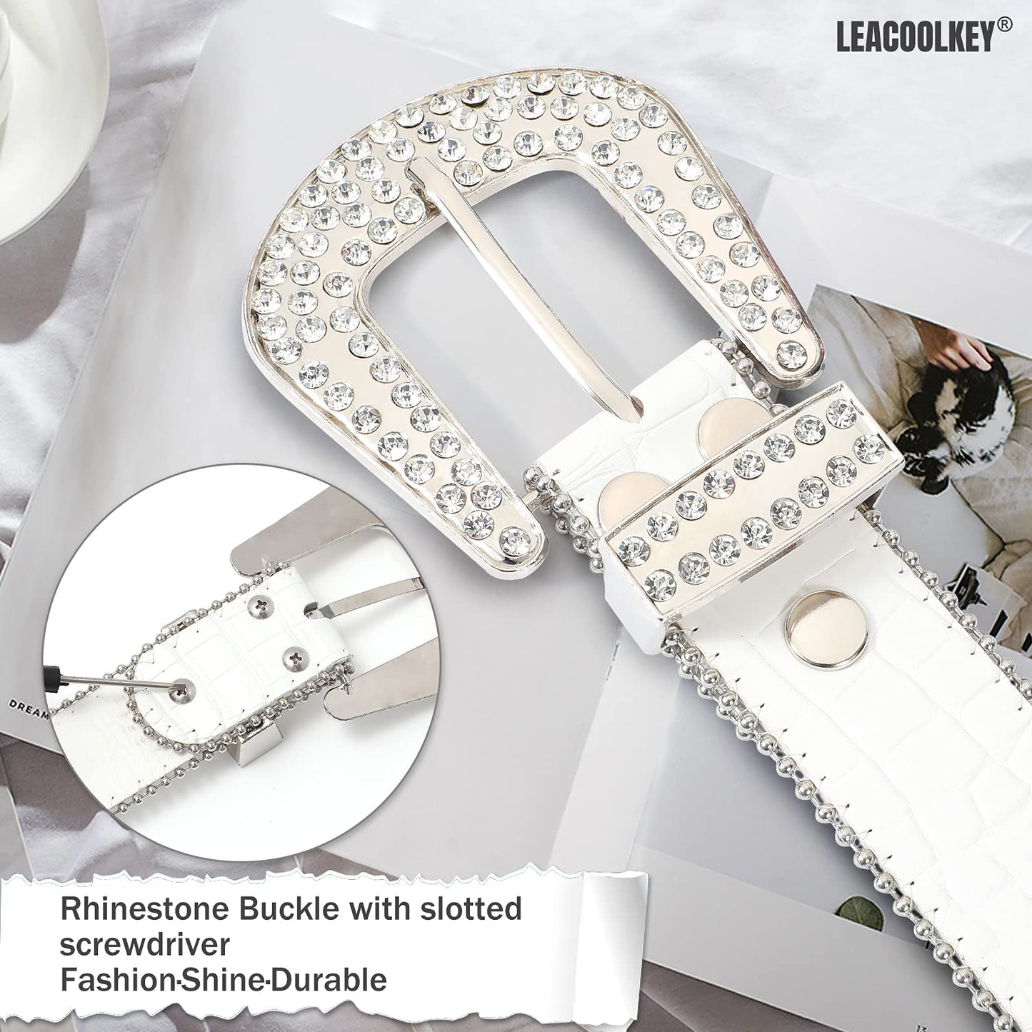 LEACOOLKEY Rhinestone Belt for Women for Jeans, Western Cowgirl Rivet Punk PU Leather Belt, Women's Black Rhinestone Belt (S: Fit waist size 70cm-80cm = 105cm total length, B-White)