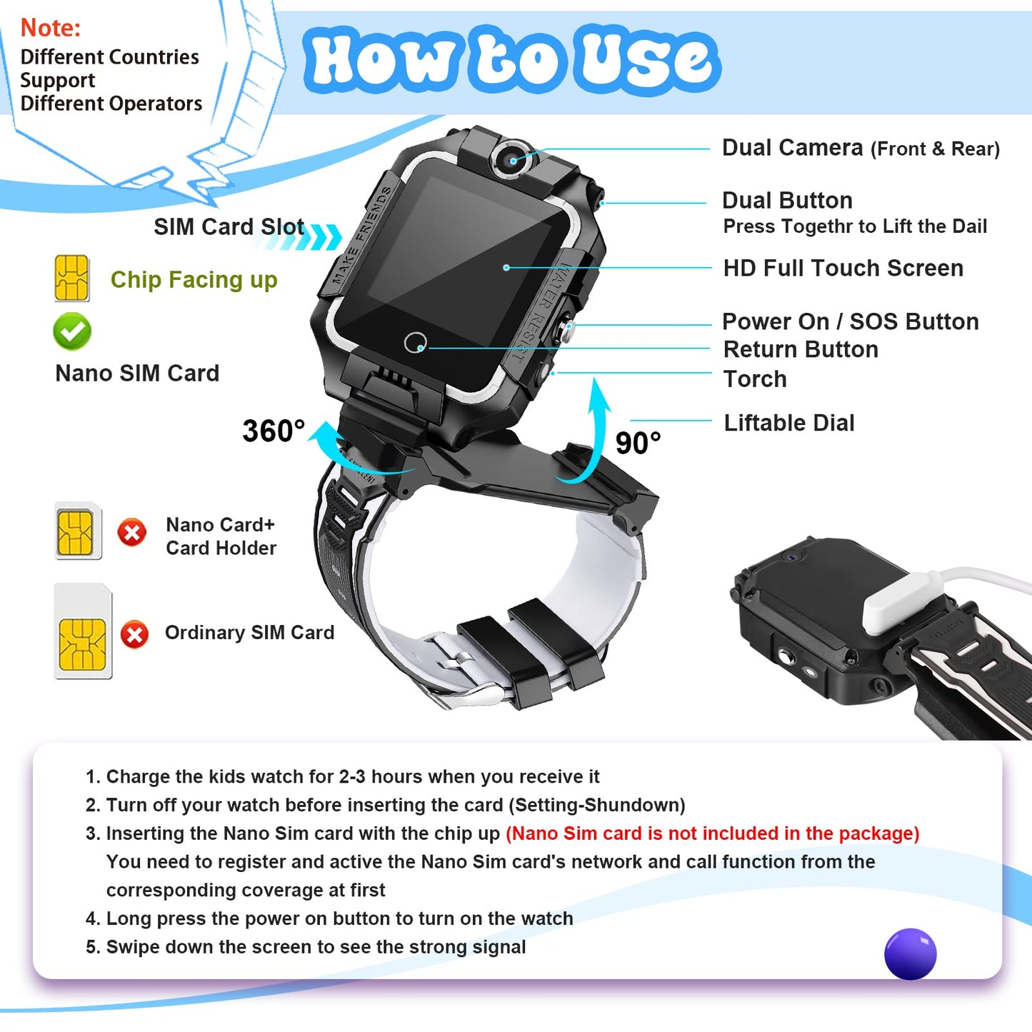 Children's GPS tracker smartwatch for boys and girls, 4G video & phone call with 360° rotation, kid's GPS watch for 4-12 years old, perfect for Christmas & birthday gifts (T10 black)