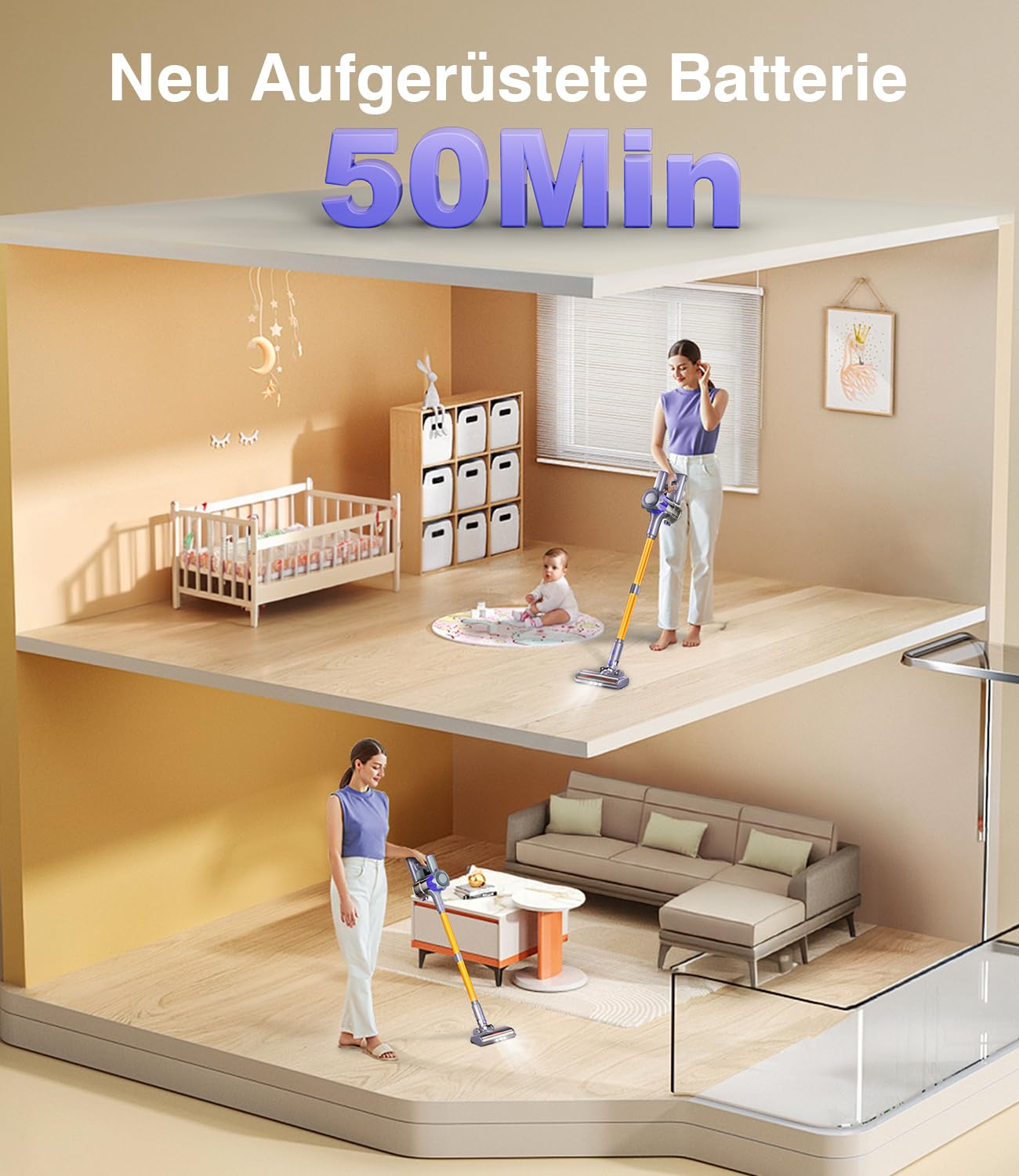 Cordless vacuum cleaner, 40000Pa/450W with smart display. Up to 50 minutes runtime. Comes with automatic mode and anti-tangle brush for carpets, hard floors, and pet hair.