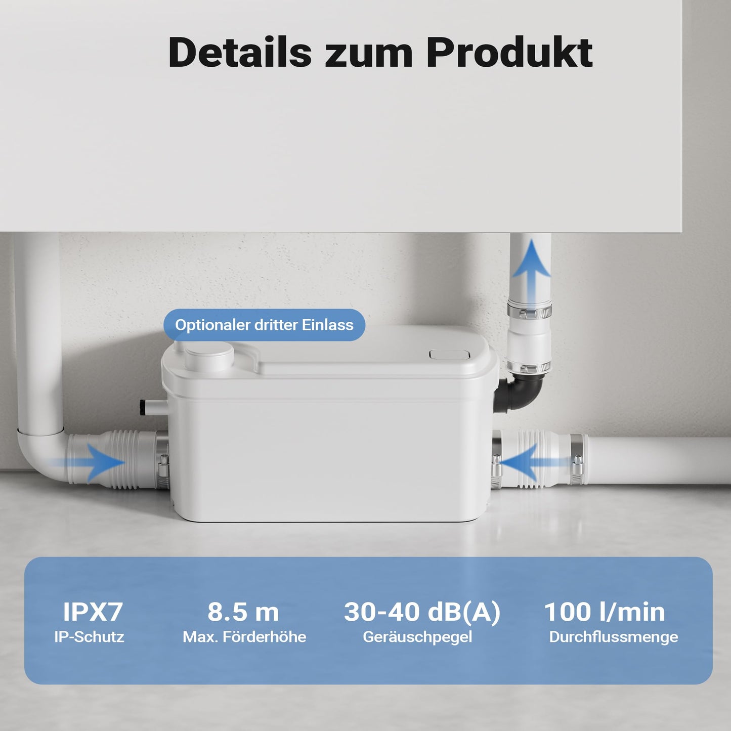 XPOtool 3/1 small lifting system 250W with 3 inlets, lifting system up to 8.5m height, wastewater lifting system for toilet and shower, compact sewage lifting system