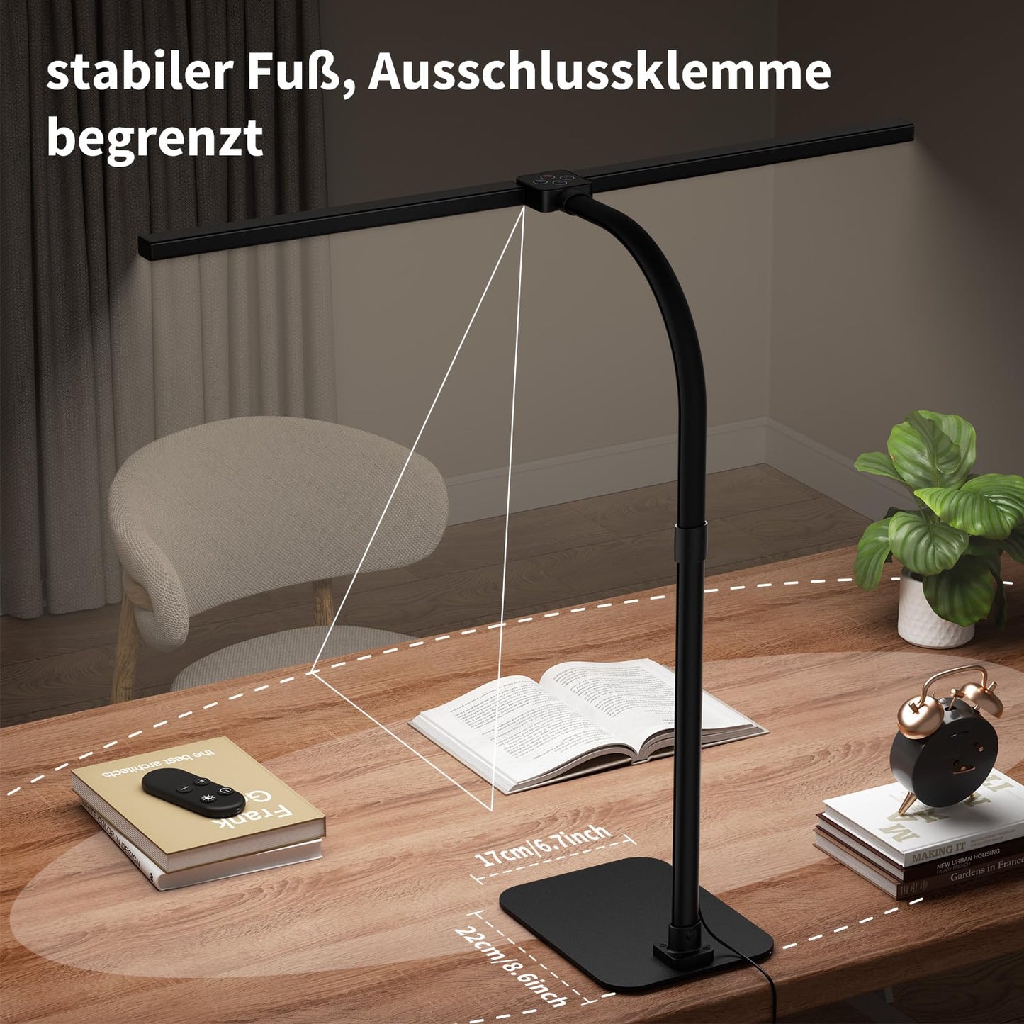 Kaulsoue Desk Lamp LED dimmable, with base, 24W 80cm daylight lamp, eye care, 5 color temperatures 5 brightness levels, for work, home, office, dorm, study, reading