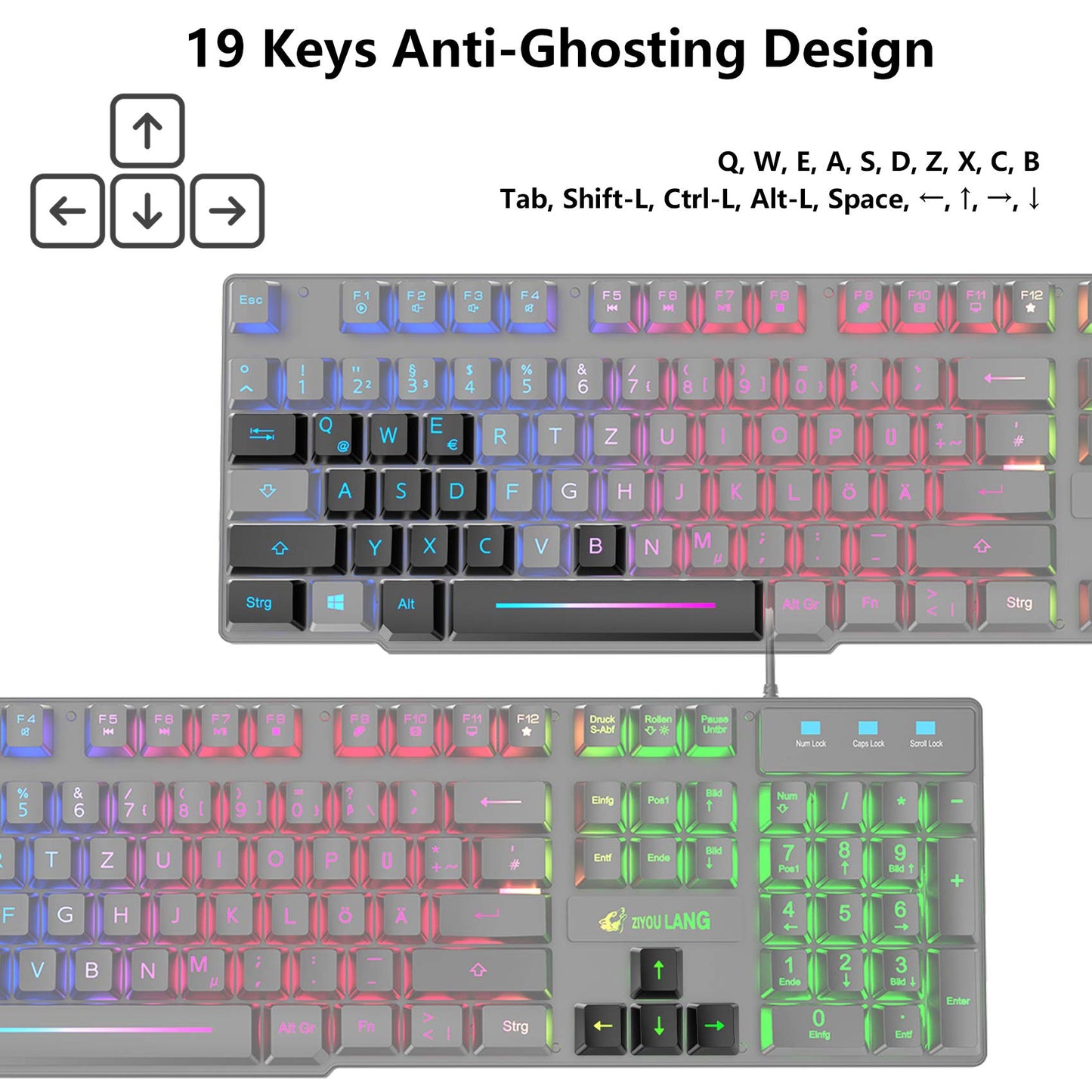 Gaming Keyboard and Mouse Set, QWERTZ German Layout Rainbow LED Backlight Ergonomic Keyboard 6 Buttons 2400 DPI Mouse and Mousepad, USB Wired, Compatible with PS4 Xbox, Black