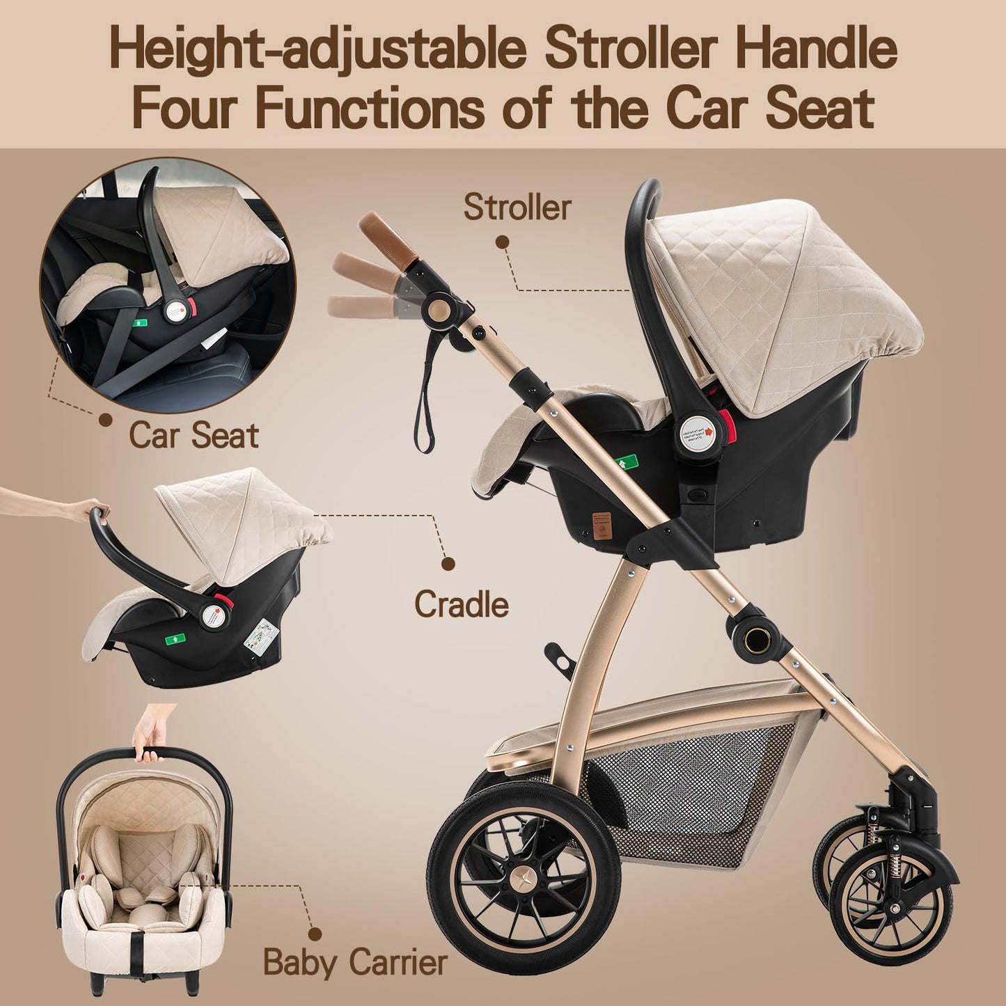 Gcarebb 3 in 1 stroller, buggy with car baby seat, with height-adjustable stroller set, combi stroller with aluminum frame for newborns 0-4 years.