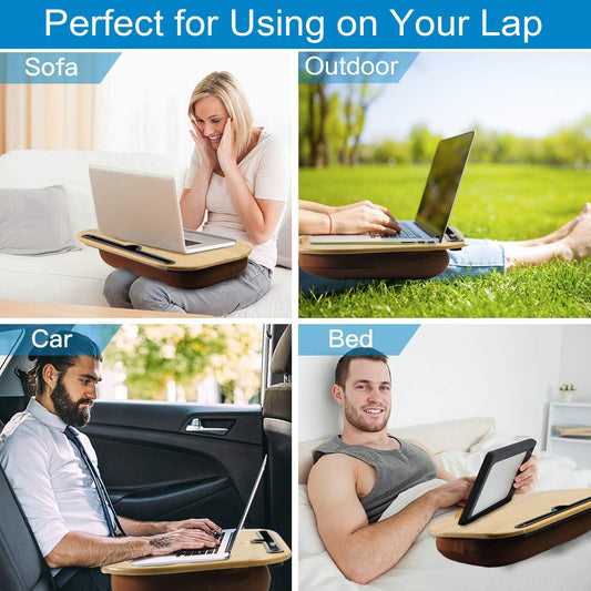 VLOXO Portable Laptop Cushion Bamboo for Bed & Couch, soft padding, ergonomic Knee Tray Cushion with cable hole & anti-slip stripes Lap Desk for max.14 inch Notebook, Tablet, MacBook