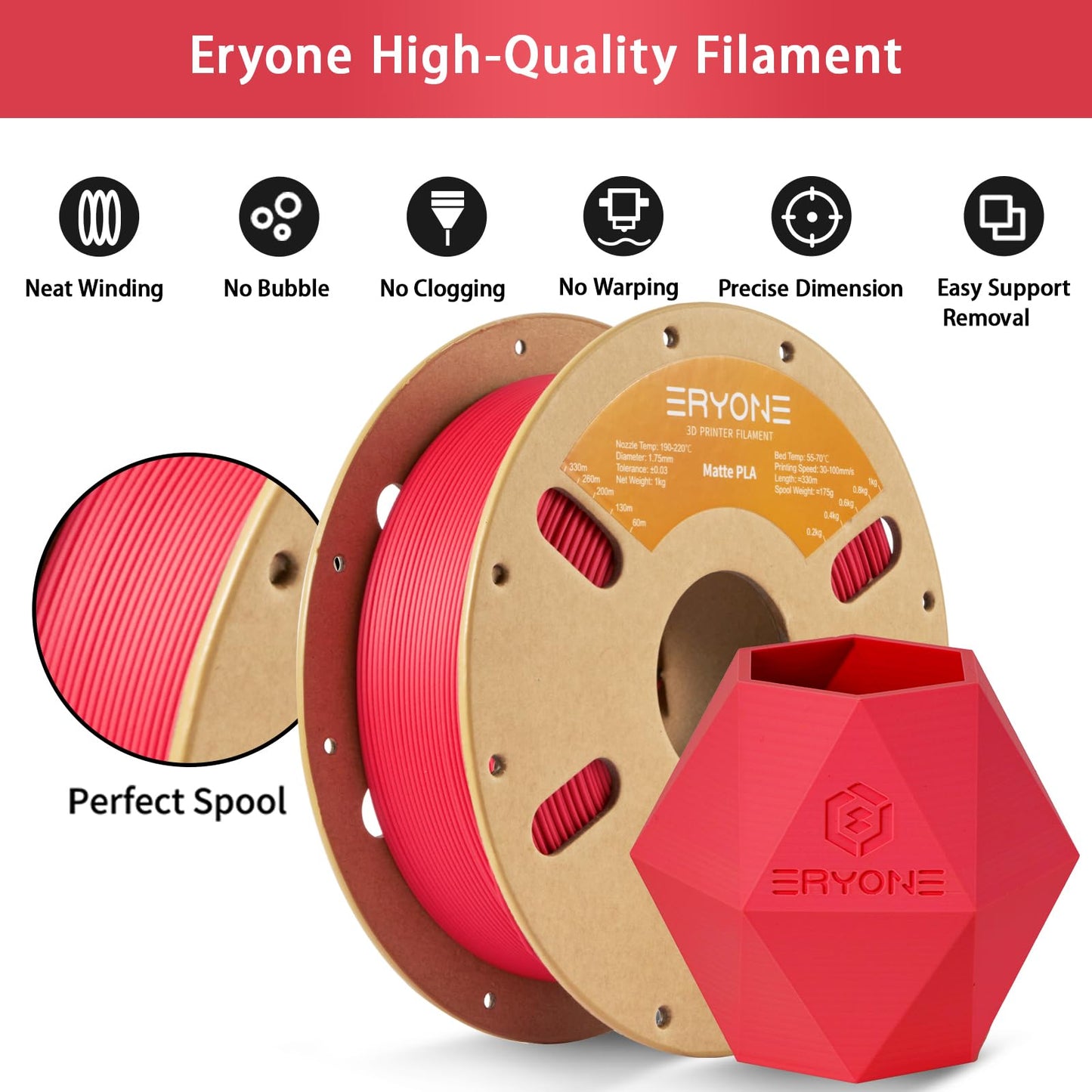 ERYONE Matte PLA 3D Printer Filament 1.75mm, Precision +/- 0.03mm, 1kg 1 Spool, Matte Red