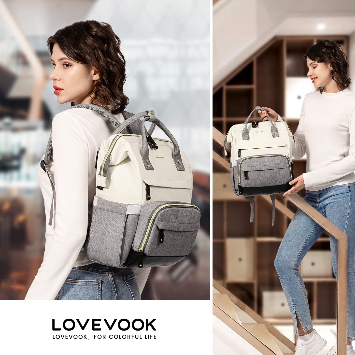 LOVEVOOK laptop backpack for women with 15.6 inch laptop compartment, suitable for girls, teenagers, and college students. This waterproof backpack is perfect for school, travel, university, business, and work in beige and gray.