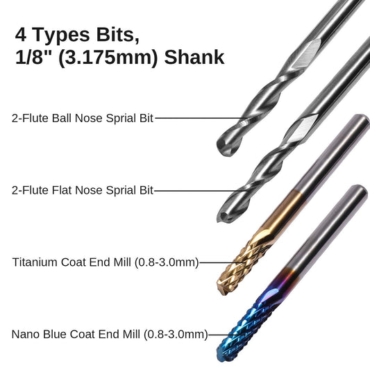 Genmitsu end mill set with a total of 40 CNC router bits, 3.175mm (1/8") shank, CNC end mill set with 2-flute flat and ball nose end mills, Nano Blue coating & titanium coating, MC40A